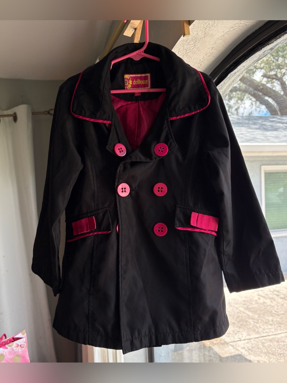 Dollhouse Black Pea Coat with Hot Pink Trim and Buttons Size 6X